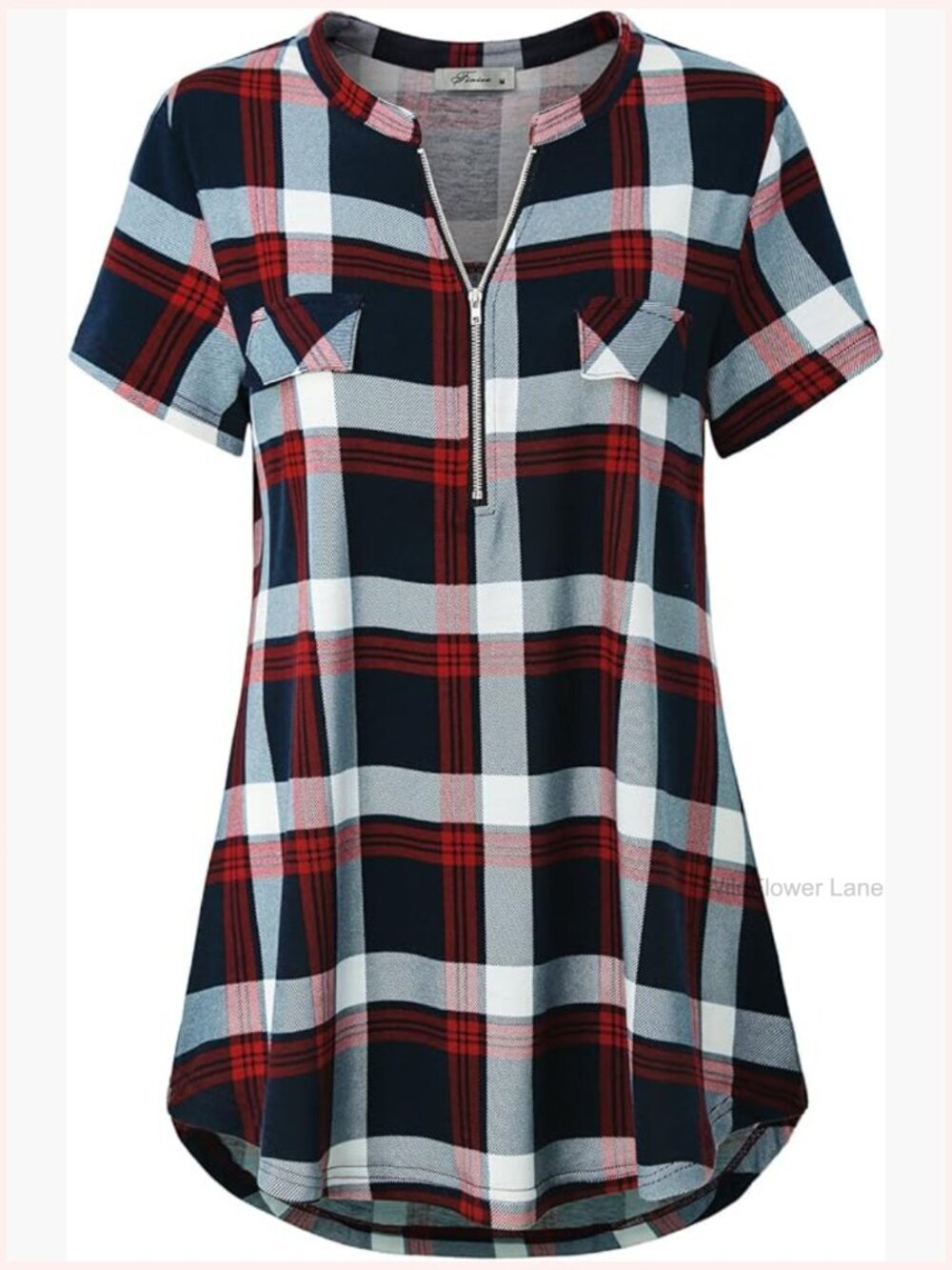 Plaid Tunic Top with Zip V-Neck Short Sleeve Stretch Casual